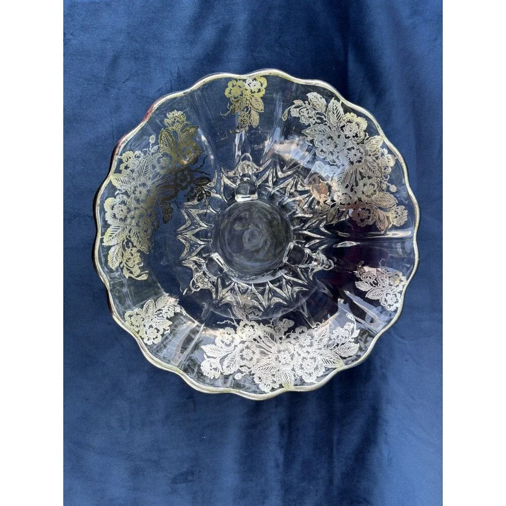 Vintage Floral Etched Glass Compote Bowl on Three Feet Decorative Centerpiece